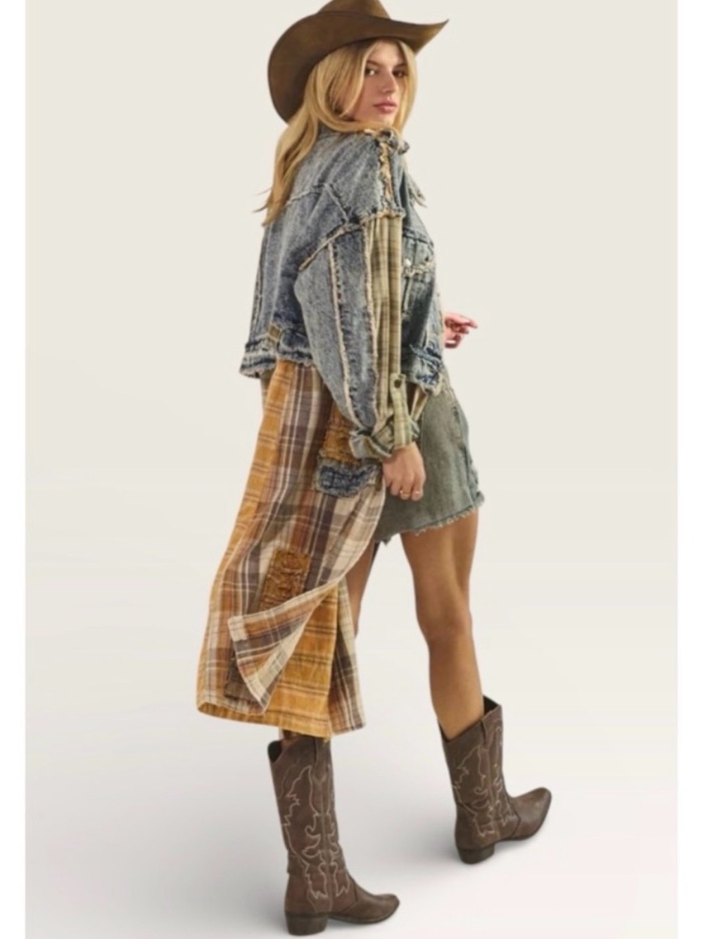 Oli & Hali Distressed Light Blue Denim Jacket with Yellow Plaid Lining Fits M-Xl - Picture 4 of 10